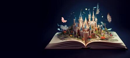 Banner of an open book with a fantasy world popping out. World book day. . photo