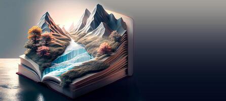 Banner with open book with a fantasy landscape photo popping out. World book day. Generative AI.