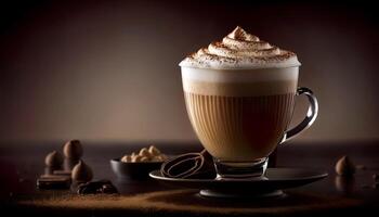 Horizontal image of delicious cappuccino coffee over dark background with copy space. . photo