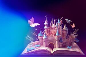 Open book with a fantasy world popping out. World book day. . photo