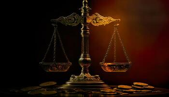 Law Legal System Justice Crime concept. Banner of golden justice balance with copy space. . photo