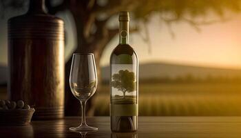 Still life of a bottle of wine with glasses and grapes over a beautiful vineyard background. . photo