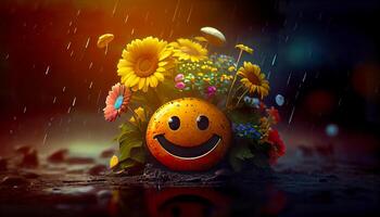 Render illustration design of cute happy face popping out of beautiful bouquet flowers. Happiness concept. Mental health concept. . photo