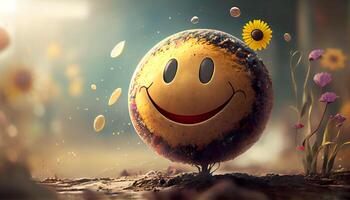 Render illustration design of cute happy face growing out of the ground. Happiness concept. Mental health concept. . photo