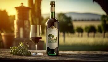 Still life of a bottle of wine with glasses and grapes over a beautiful vineyard background. . photo