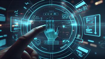 Person's hand touching complex pie chart on virtual screen with copy space with Technology. photo