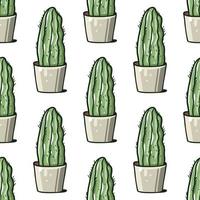 Cute cacti in the pot seamless pattern. Hand drawn vector illustration. Flat cartoon style.