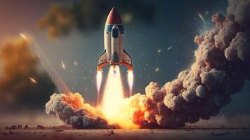 Spaceship takes off. Space shuttle on blur background with . photo