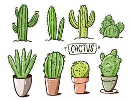 Different doodle cactus set in pot. Vector illustration isolated on white background.