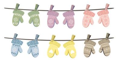 Set of different knitted mittens hanging on the rope vector