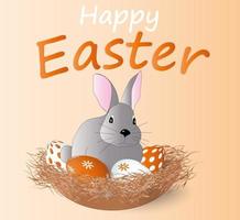 Easter poster and banner template with Easter bunny in a nest with Easter eggs on an orange background vector