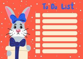 To do list template with cartoon bunny girl with gift box on snowfall background. vector