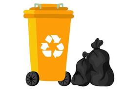 Waste And Garbage. Hand-drawn waste container and black plastic bags. Waste sorting concept vector