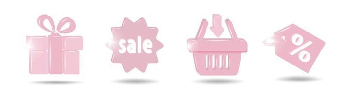 Set of sale icons in  pink colors. Gift box, shopping cart, price  and sale tags vector