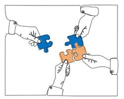 Hands are holding puzzles in blue and yellow colors of Ukrainian flag on a white background vector