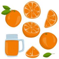 Set of isolated colored orange with leafs, half, slice, circle and whole juicy fruit on white background vector