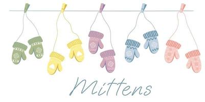 Set of different knitted mittens hanging on the rope vector