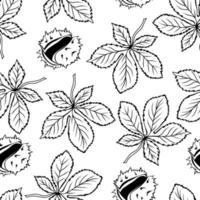 Seamless pattern with contour chestnuts and chestnut leaves on white background vector