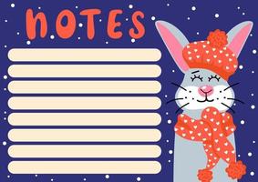 Notes template with cartoon bunny in knitted beret and scarf on snowfall background vector