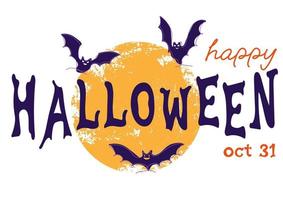 Happy Halloween text with textured moon and bats vector