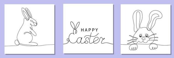 Set of square card  with continuous line drawing of easter rabbit vector