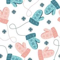 Seamless pattern with knitted mittens and snowflakes on white background vector