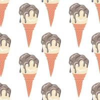 Seamless pattern with swirled soft vanilla ice cream with chocolate syrup in a waffle cone vector
