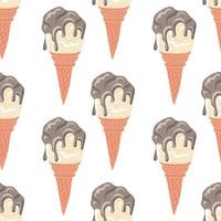 Seamless pattern with swirled soft vanilla ice cream with chocolate syrup in a waffle cone vector