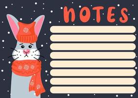 Notes template with cartoon bunny in knitted hat and scarf on snowfall background vector