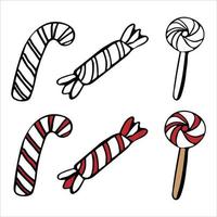 Set of traditional christmas sweet candy and candy cane in doodle style vector
