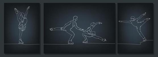 Set of posters  with continuous line drawing of Figure skating on dark background vector