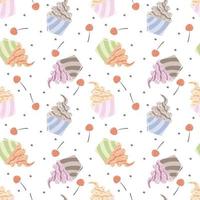 Seamless pattern with different swirled soft serve vanilla ice cream in a cup and cherries vector