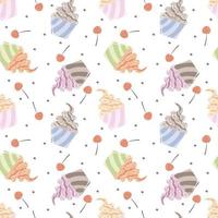 Seamless pattern with different swirled soft serve vanilla ice cream in a cup and cherries vector