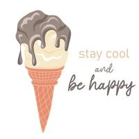 Stay cool and be happy. Soft serve  ice cream with chocolate syrup in wafers cone vector