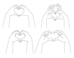 Human hands making heart shape with fingers. Set of vector isolated line illustrations.