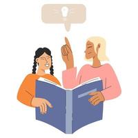 A mother reads a book with her daughter. The teacher explains the new material to the student. Study concept vector illustration