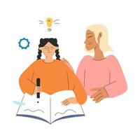 The girl studies with her mother the teacher. Study concept vector illustration