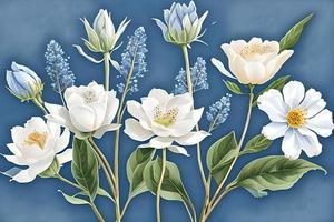 Watercolor dusty blue and white flowers painting art. Background and pattern texture wallpaper. photo