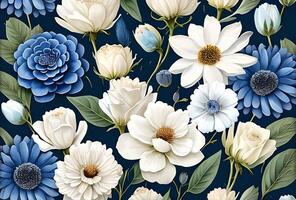 Watercolor dusty blue and white flowers painting art. Background and pattern texture wallpaper. photo