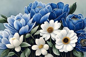 Watercolor dusty blue and white flowers painting art. Background and pattern texture wallpaper. photo