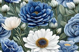 Watercolor dusty blue and white flowers painting art. Background and pattern texture wallpaper. photo