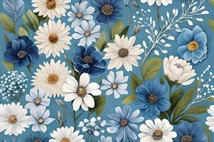 Watercolor dusty blue and white flowers painting art. Background and pattern texture wallpaper. photo