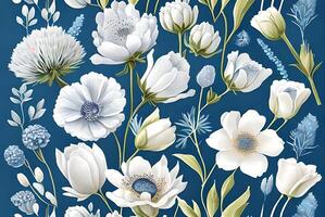 Watercolor dusty blue and white flowers painting art. Background and pattern texture wallpaper. photo