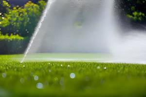 Sprinkler sprayer water system watering the garden grass. photo