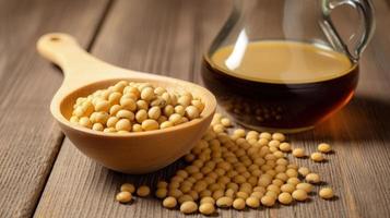 photo soybean sauce and soybean on wooden floor soy sauce food nutrition concept