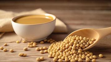 photo soybean sauce and soybean on wooden floor soy sauce food nutrition concept