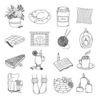 Cozy home. Set of 16 vector elements in doodles style