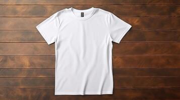 , Realistic white T-Shirt mock up blank on wood background for presentation advertising. Blank business concept photo