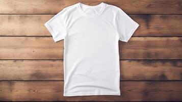 generativo ai, realista blanco camiseta burlarse de arriba blanco en madera antecedentes para presentación publicidad. blanco negocio concepto foto