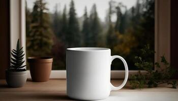 , Realistic white ceramic cup set-up in at home interior, mug mock up blank. Photorealistic illustration photo